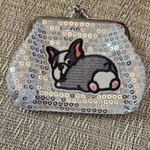 Hand Crafted Silver Sequin Dog Kiss Lock Coin Purse